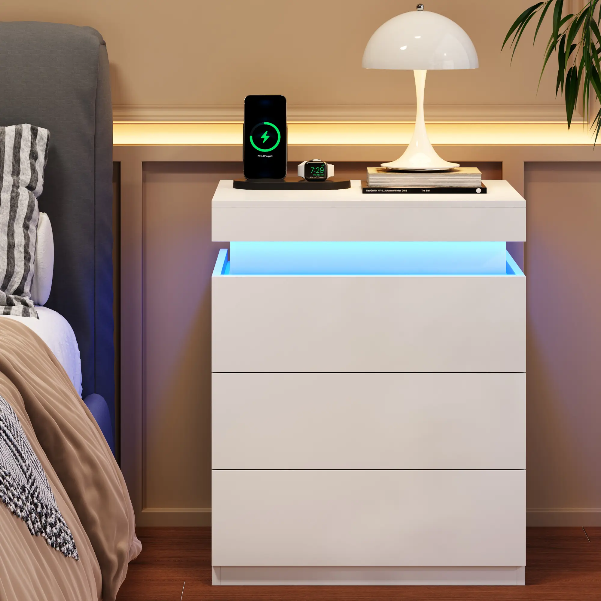 Modern Nightstand with Sliding Top Charging Station LED Lights 3 Drawers Bedside Table for Bedroom Home Furniture