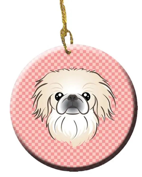 Checkerboard Pink Pekingese Ceramic Ornament - 2.81in Corded Customizable Home Decor, Christmas Festive Party Supply Gift, All Seasons Collectible (None Restrictions Applied), Hanging