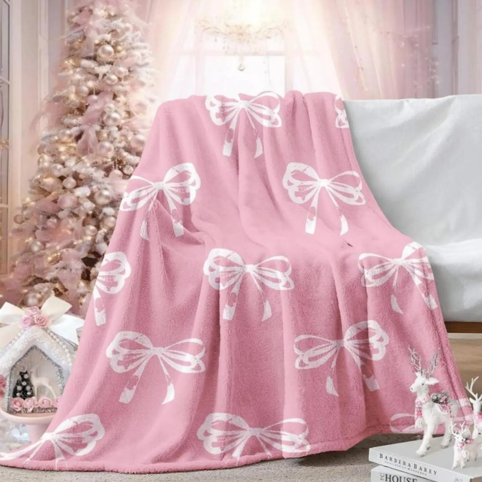 Soft Breathable Stylish Flannel Throw Blanket - Bow Pattern, Lightweight, Warm for Home Office Use, Ideal for Air-Conditioned Rooms & Naps, Travel-Friendly, Soft Breathable Blanket, Stylish Blanket
