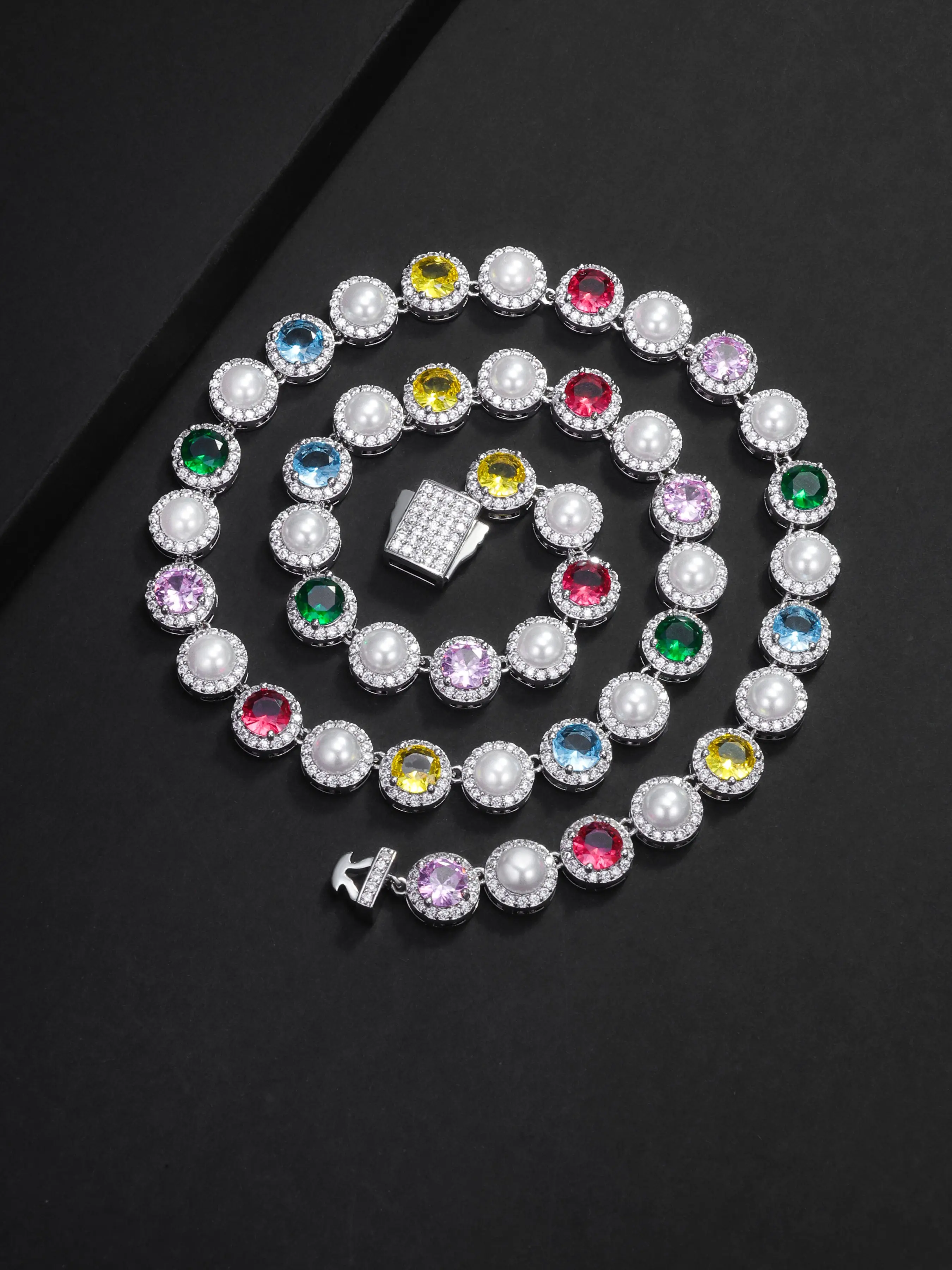 ICED CHICS Round colored pearl circle chain link necklace, unisex, colored zircon, Iced Out Jewelry, fashionable and casual style, birthday gift, suitable for important occasions, the best gift for friends