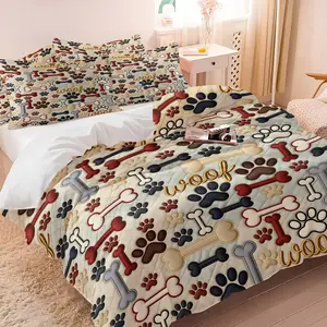 3D Pet Claw Print Bone Quilted Texture Duvet Cover Set & 1-2 Pillowcases No Core, Soft Warm Bedding, Multicolor Dog Paw Prints, Bone Shape & Golden woof Text, Warm and Healing Bedroom Decor, Gift Choice