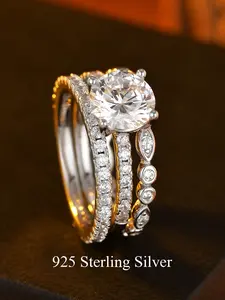 925 sterling silver ladies engagement ring three piece design can be worn separately and stacked Interchangeable Rings luxury full set 5A cubic zirconia rhodium plated suitable for daily wear Valentine's Day gift for girlfriend