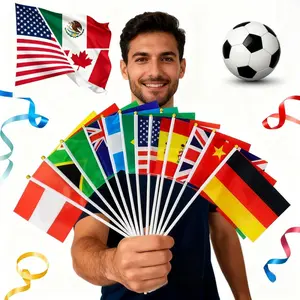2026 National Hand Held Flags, 14*21/20*28cm Country Flags with Pole, Waterproof Polyester Sports Fan Decor for USA, Canada and Mexico Themed Party Supplies