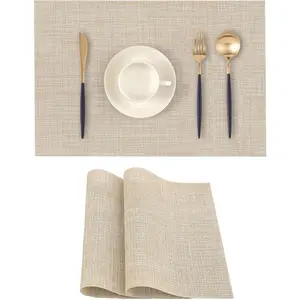 Beige Placemats Set of 2 - Heat Resistant Non-Slip Place mats for Dining Table, Washable Durable PVC Vinyl Woven Table Mats (Beige, 2)