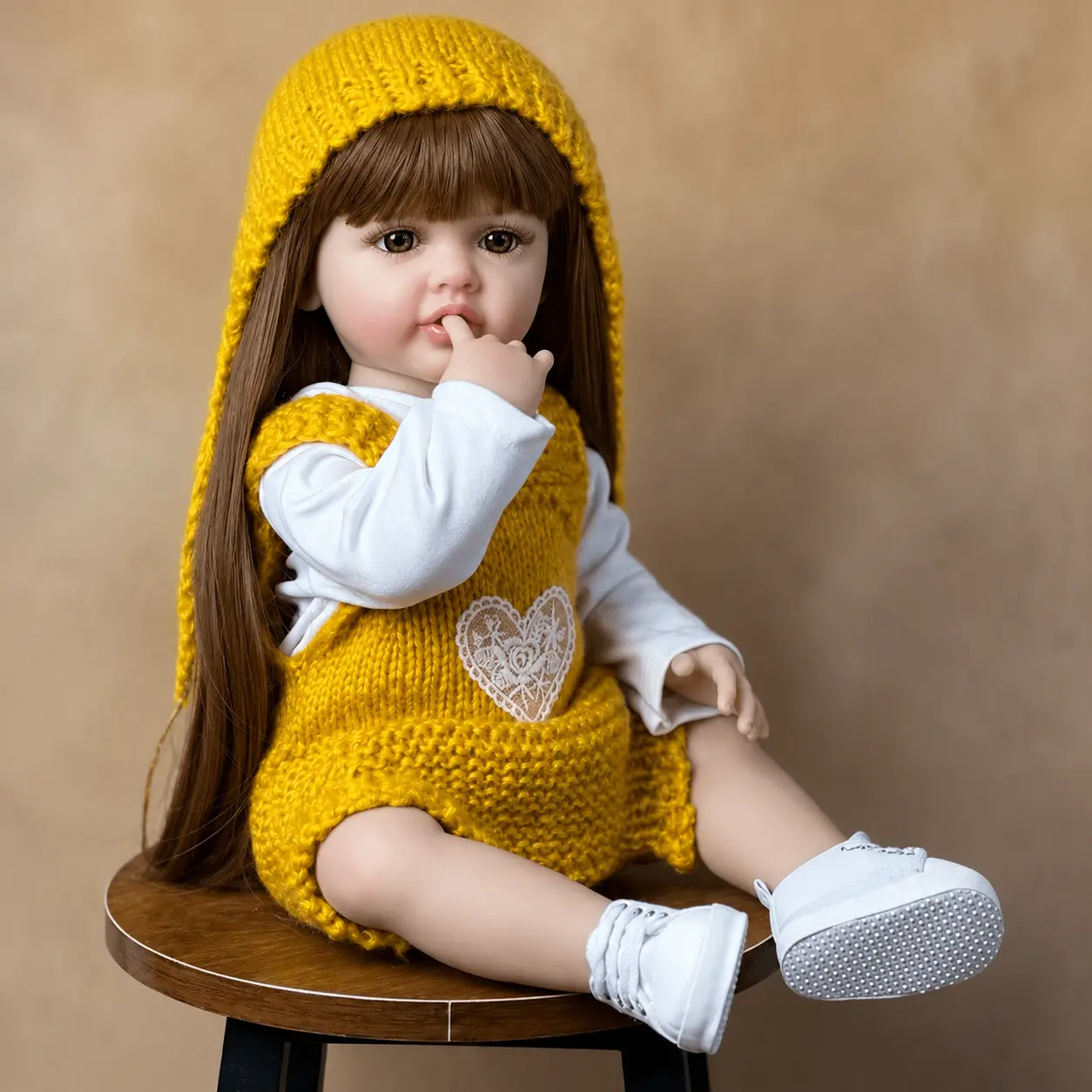 Unisex 55cm (22in) Non-Toxic Soft Vinyl Realistic Full-Body Baby Doll, Cute Clothes Doll with Yellow Lace Heart Knit Costume, Poseable Limbs Collectible Bebe Toy for 3+ Birthday Christmas Gifts, Cute Clothes Dolls
