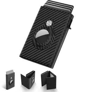 Mens Smart Wallet Card Holder for AirTag: Leather, Compatible with Apple Air Tag, RFID Blocking, Slim, Carbon Fiber, Minimalist - 9-14 Card Capacity| ID Window`