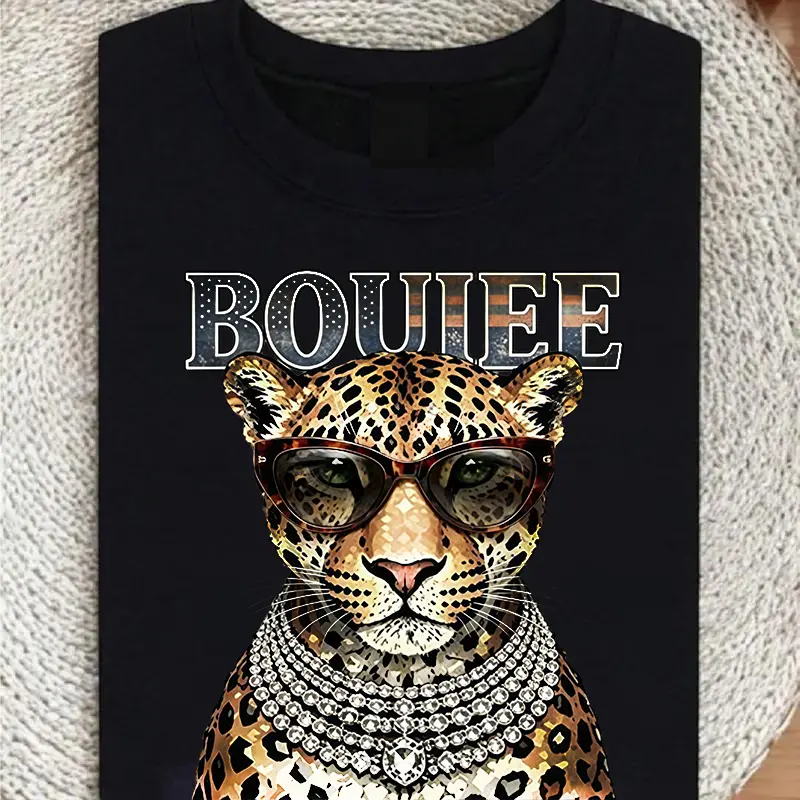 Cheetah graphic tee  Sunglasses leopard Comfortable retro leopard-print shirt, luxurious leopard-print graphic tee