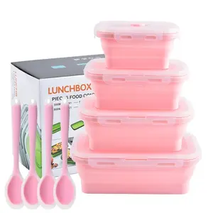 8-Piece Silicone Foldable Lunch Box Set with Spoons, Food Grade Microwave Safe, Dishwasher Safe, Perfect for Office and Outdoor Use, Meal Prep Containers
