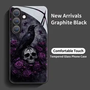 A Phone Case Made of Black Tempered Glass Featuring a Raven Skull And Purple Roses, Embodying a Gothic And Mysterious Dark Fantasy Style for Samsung Galaxy S26 S25 S24 S23 S22Pro S21 S20 Fe Plus Ultra Pro A56 A55 A54 A53 A52 A51 A36 A35 A34 A32 A26 A25