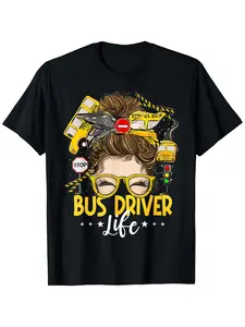 Bus Driver Life Messy Bun Bus School Bus Driver T-Shirt, 100% Bus T-Shirts for Men Women, 180G, Round Neck, Black, Size S-XXXL, Comfortable Sports Enthusiast Tee, Moisture-Wicking Sports Shirt Comfortable for Casual Outings, Labour Day