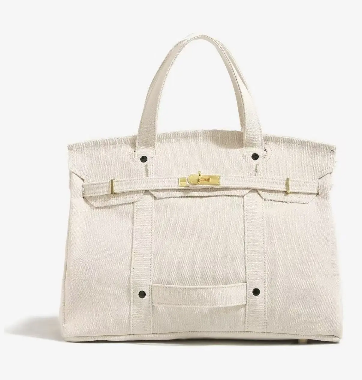 Elegant White Canvas Tote Bag with Gold Hardware and Front Pocket for Everyday Use