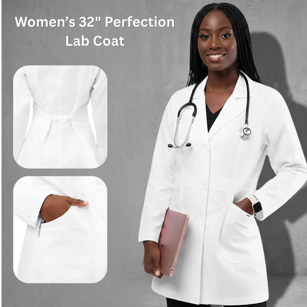 HeedFit Women’s 32” White Lab Coat - Modern Fit Soft Poly-Cotton Women’s Clothes, Formal Feminine Medical Uniforms with Long Sleeves, Buttons, Slit, Adjustable Multi-Pockets for Lady Doctors’ Clinic Workwear