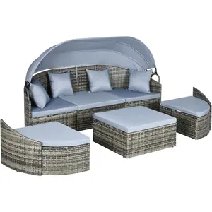 4-Piece Outdoor Rattan Furniture Set, Round Convertible Patio Daybed or Sunbed, Sectional Sofa with Canopy, Pillows, Cushions, Footrest, Table, PE Plastic Wicker, Light GrayOutdoor rattan sofa balcony garden courtyard outdoor open-air rattan chair