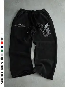 Men's Casual Sporty Letter Patched Sweatpants, Angel Pattern Print, Drawstring Wide Leg, Loose-Fitting, Athleisure Style, All Seasons, Men's Fashion Clothing, Adjustable Drawstring Sweatpants