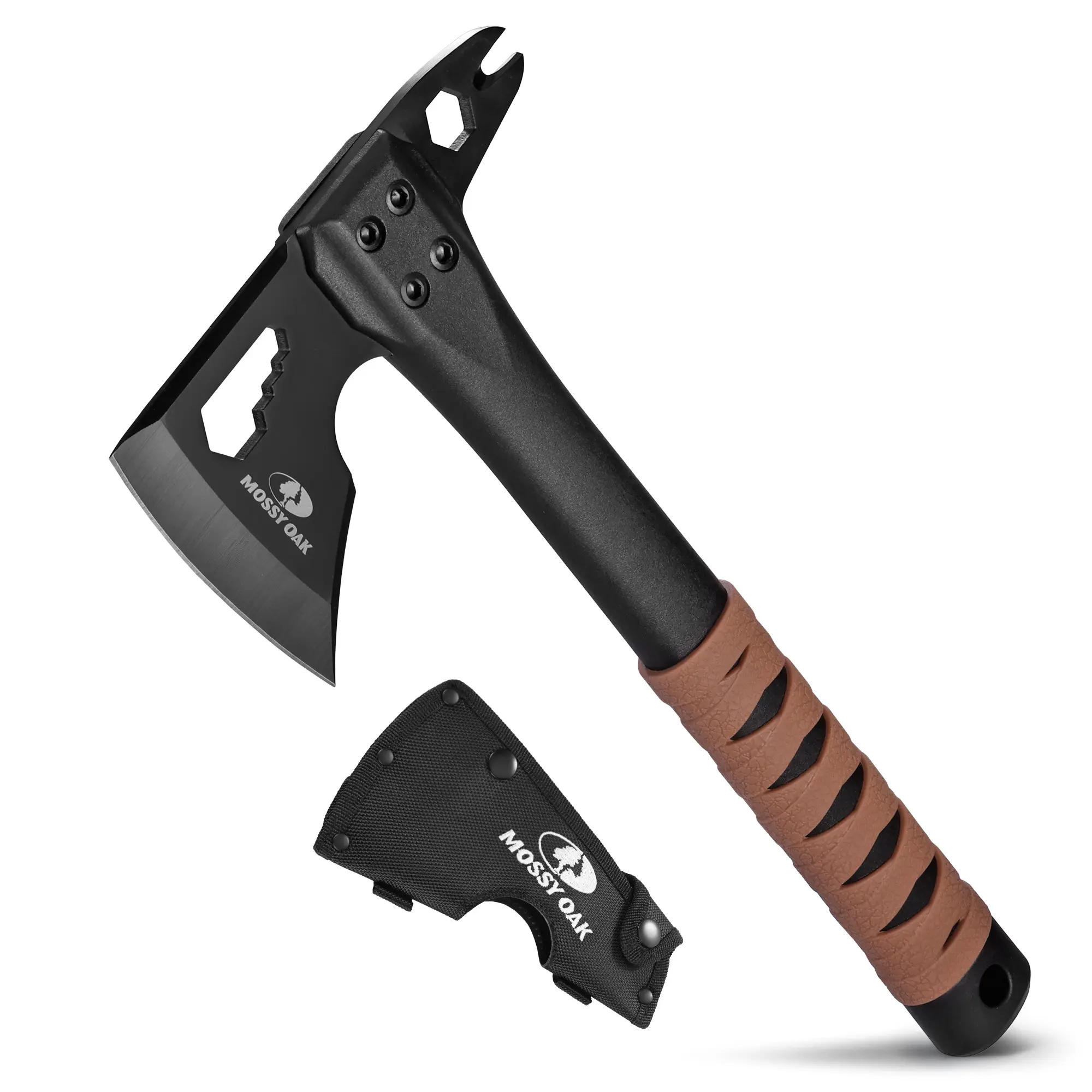#summersale MOSSY OAK 12" Camping Axe and Survival Hatchet with Sheath, Compact Outdoor Multitool Hatchet with Hex Wrench Slots, Non-Slip Dual-Color Handle, Small Camping Gear for Hiking, Chopping, Hunting
