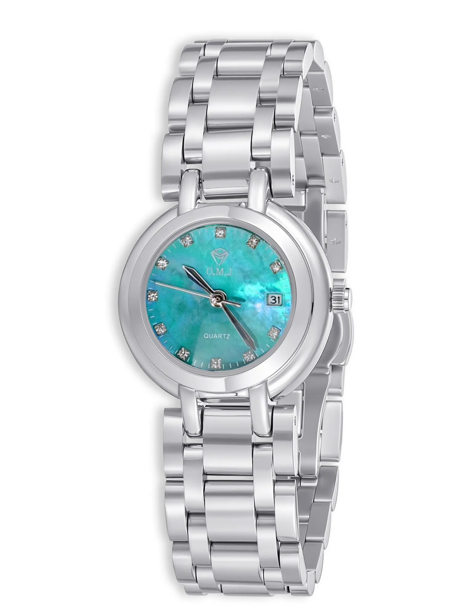 O.M.J G085 Elegant Women's Quartz Watch with Blue Mother of Pearl Dial Stainless Steel Band Gift Box Included for Her