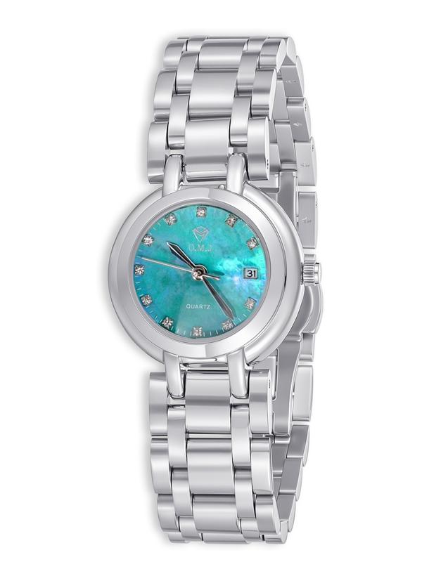 O.M.J Women's Quartz Watch Elegant Stainless Steel Band, Silver Turquoise Tone, Blue Mother of Pearl Dial, Classic Round Analog Wristwatch with Gift Box for Everyday & Formal Wear, Waterproof