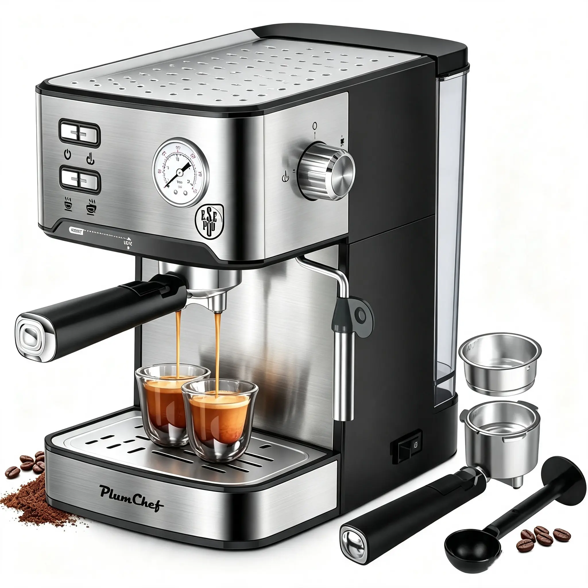 Vintage Metal 20-Bar Professional Espresso Maker Coffee Machine with Milk Frother, Single-Double Shot, ESE Pod Compatible, Visual Pressure Gauge Display, Removable Water Tank for Home Barista (Cappuccino, Latte), Coffee Machines