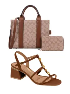 3PC Vizzano  Strappy Block Heel Sandals with Gold Accents and Handbag set - Elegant Summer Shoes 2025 Crochet Woven Raffia-Effect & Faux Leather Insole Comfortable Lightweight Mules for Casual Chic Looks