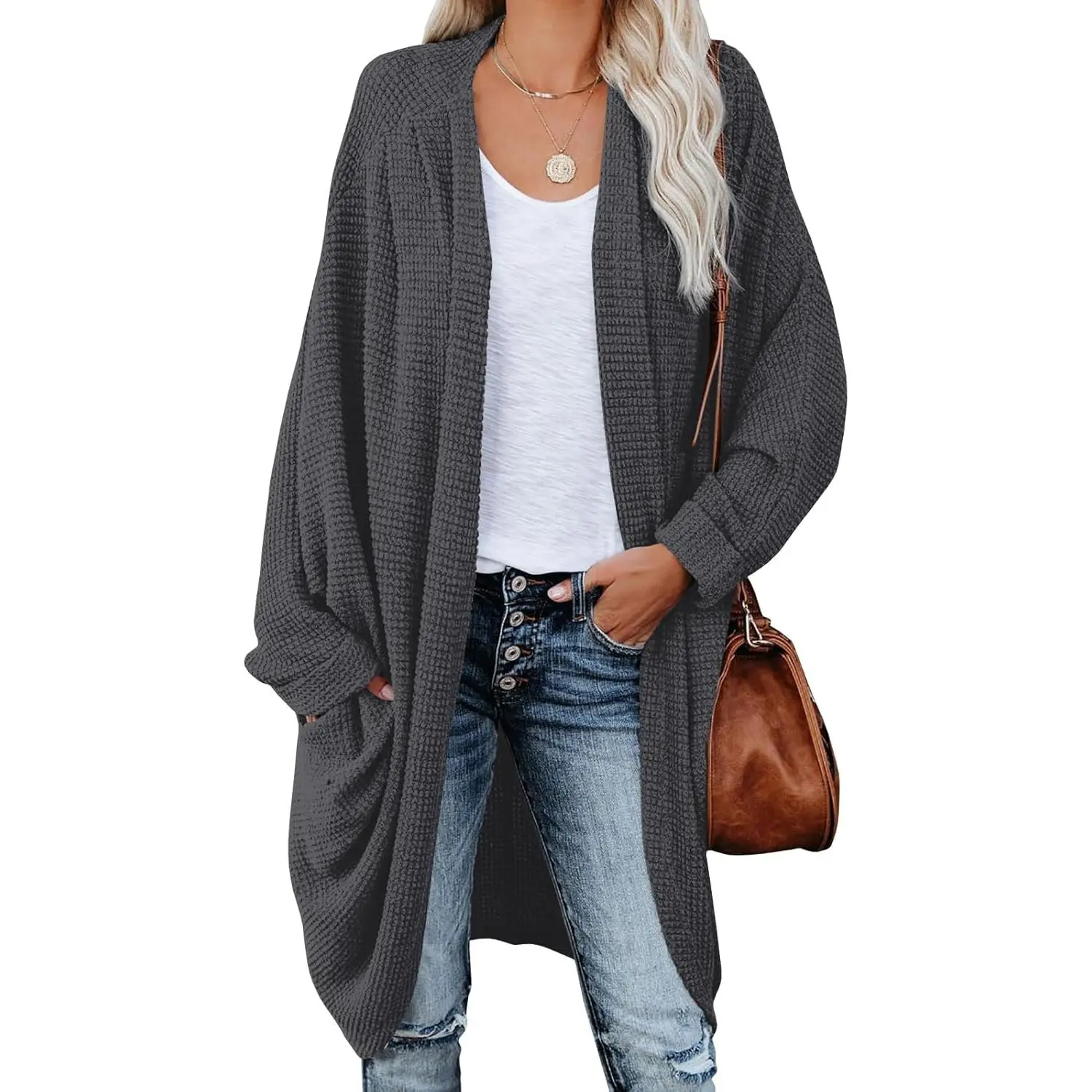 Women's Oversized Chunky Waffle Knit Cardigan, Open Front Boho Sweater with Pockets and Long Batwing Sleeves, All Seasons Rayon Blend, Knitwear, Work, Loose-Fitting, Boho Casual, Lightweight