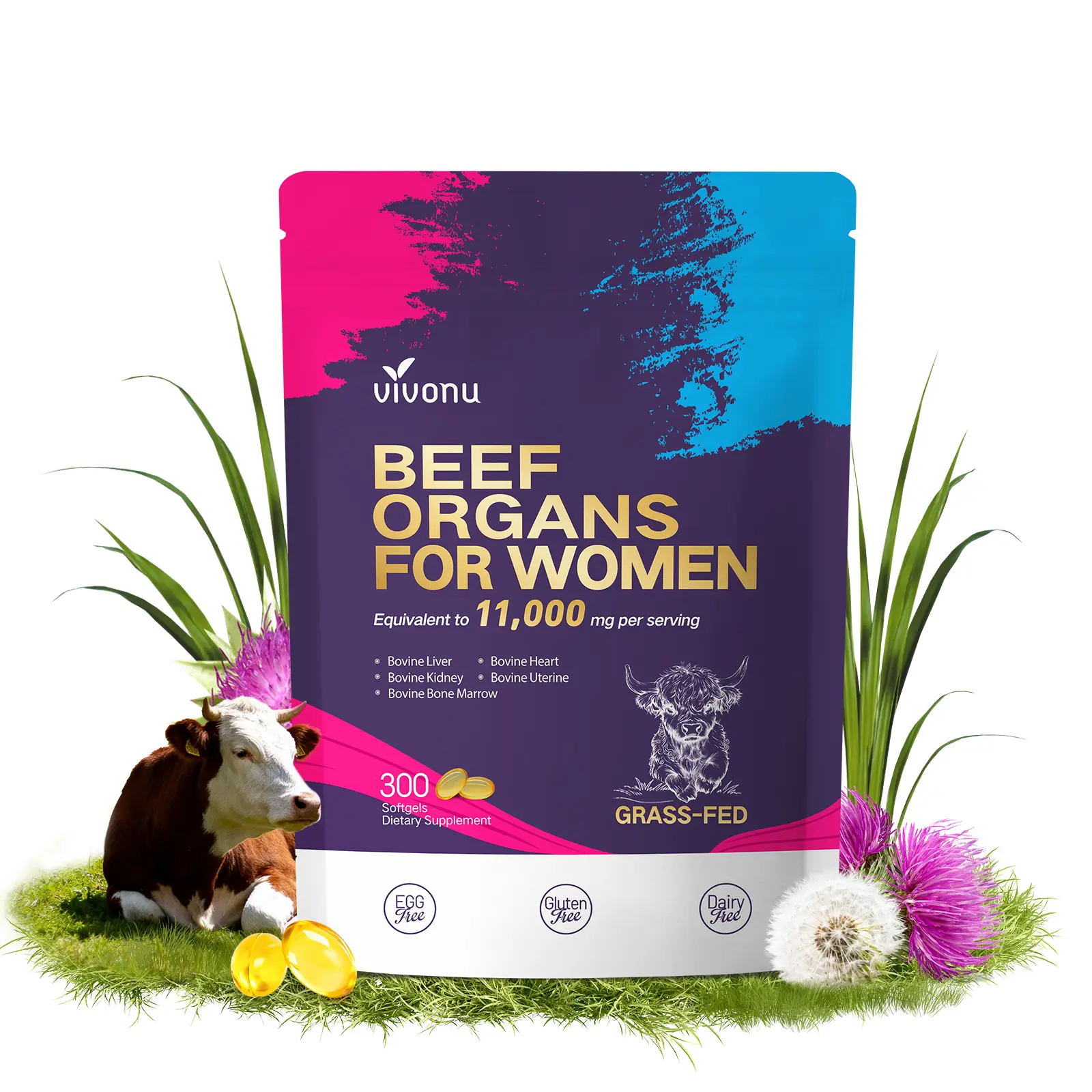 【LAST-CHANCE】VivoNu Beef Organsfor Women - 300 Capsules, Natural Women's Health Support for Hormonal Balance, Vitality & Skin Health