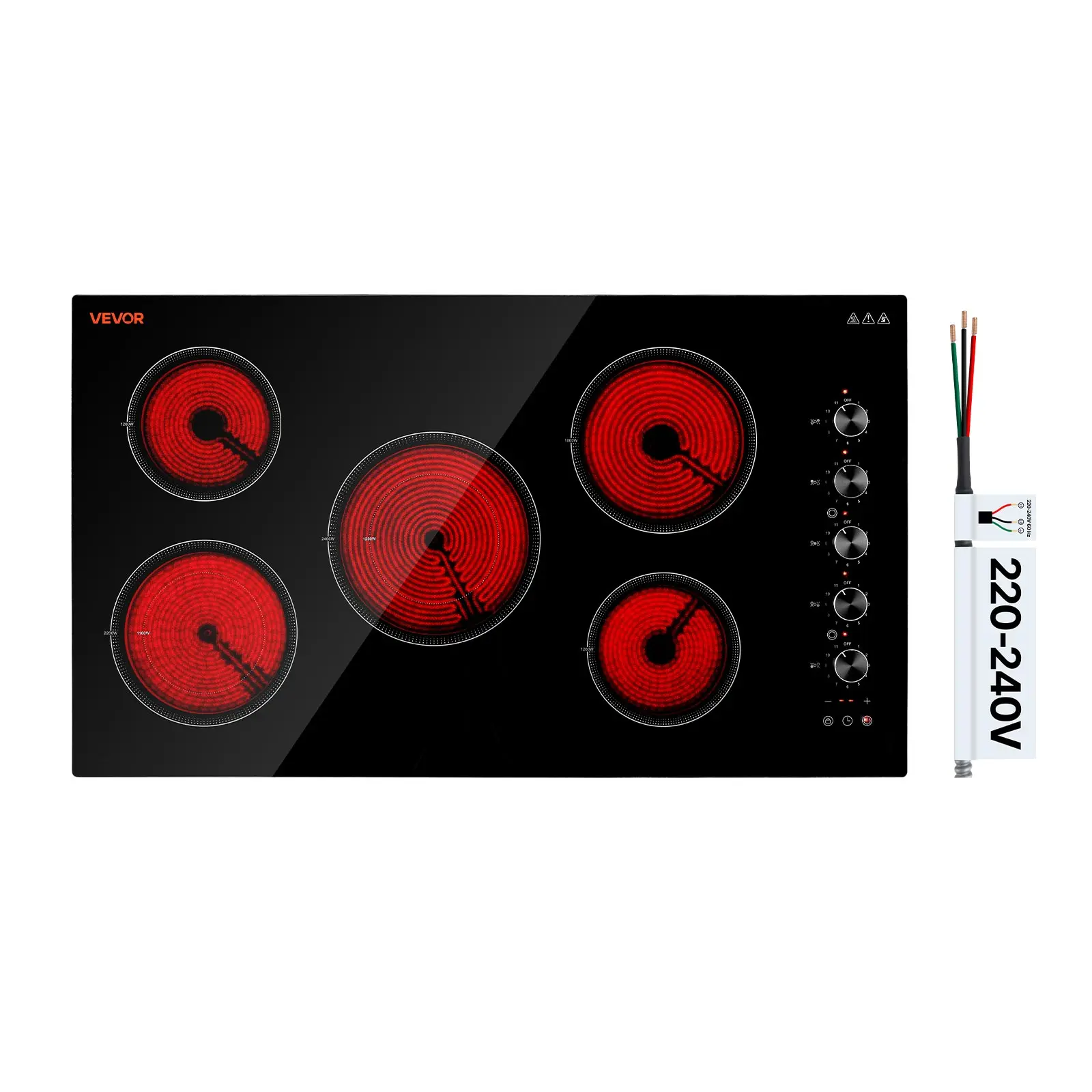VEVOR Electric Cooktop 36inch 5 Burners Stove Top 8800W 220V No Plug, Ceramic Built-in Radiant Electric Stove , with 11 Power Levels, Timer, Child Lock, Over-Heat Guard, Knob/Touch Control