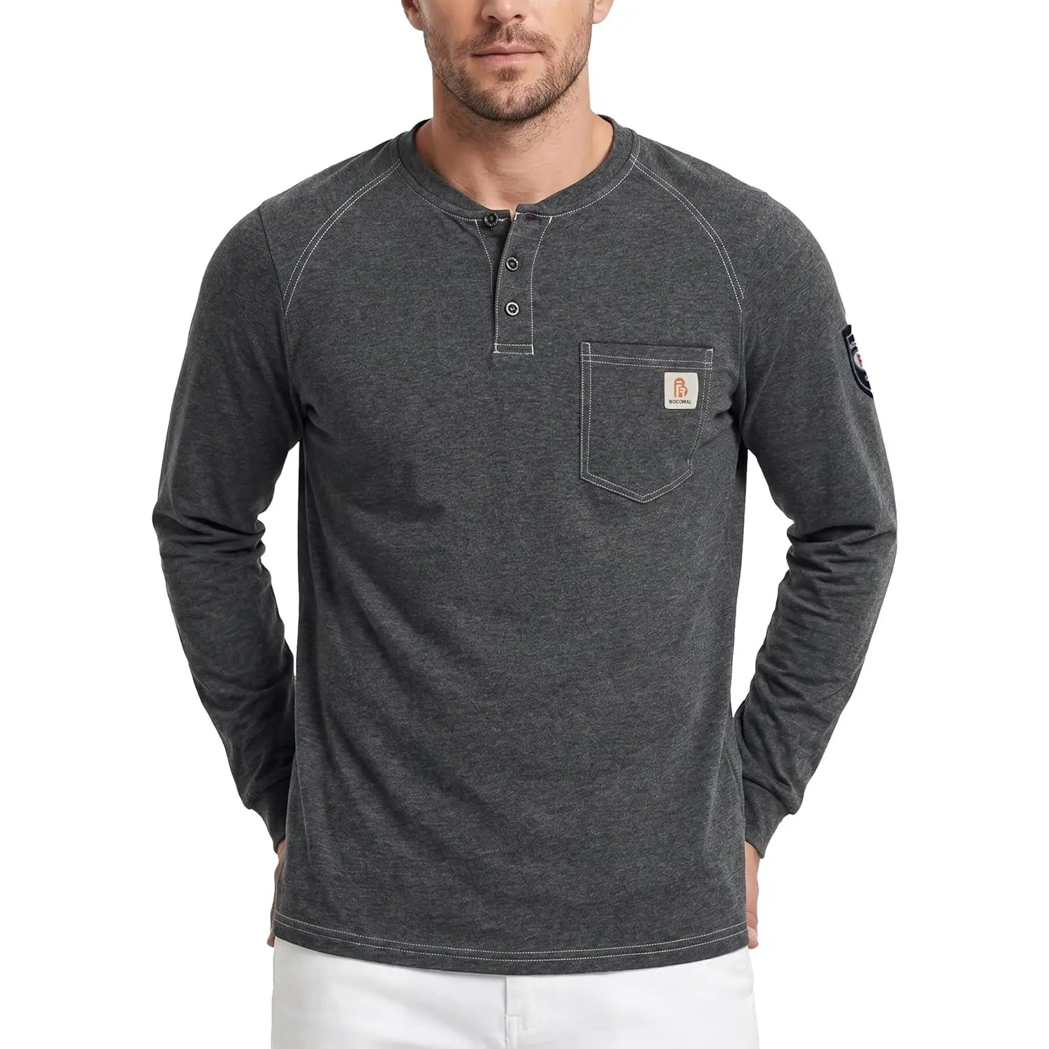 BOCOMAL Men's FR Certified Cotton Knit Henley Top - 5.5oz Longsleeves Workwear, UL NFPA2112 CAT2 Flame Resistant Menswear Welding Tee, Fabric, Relaxed Cut