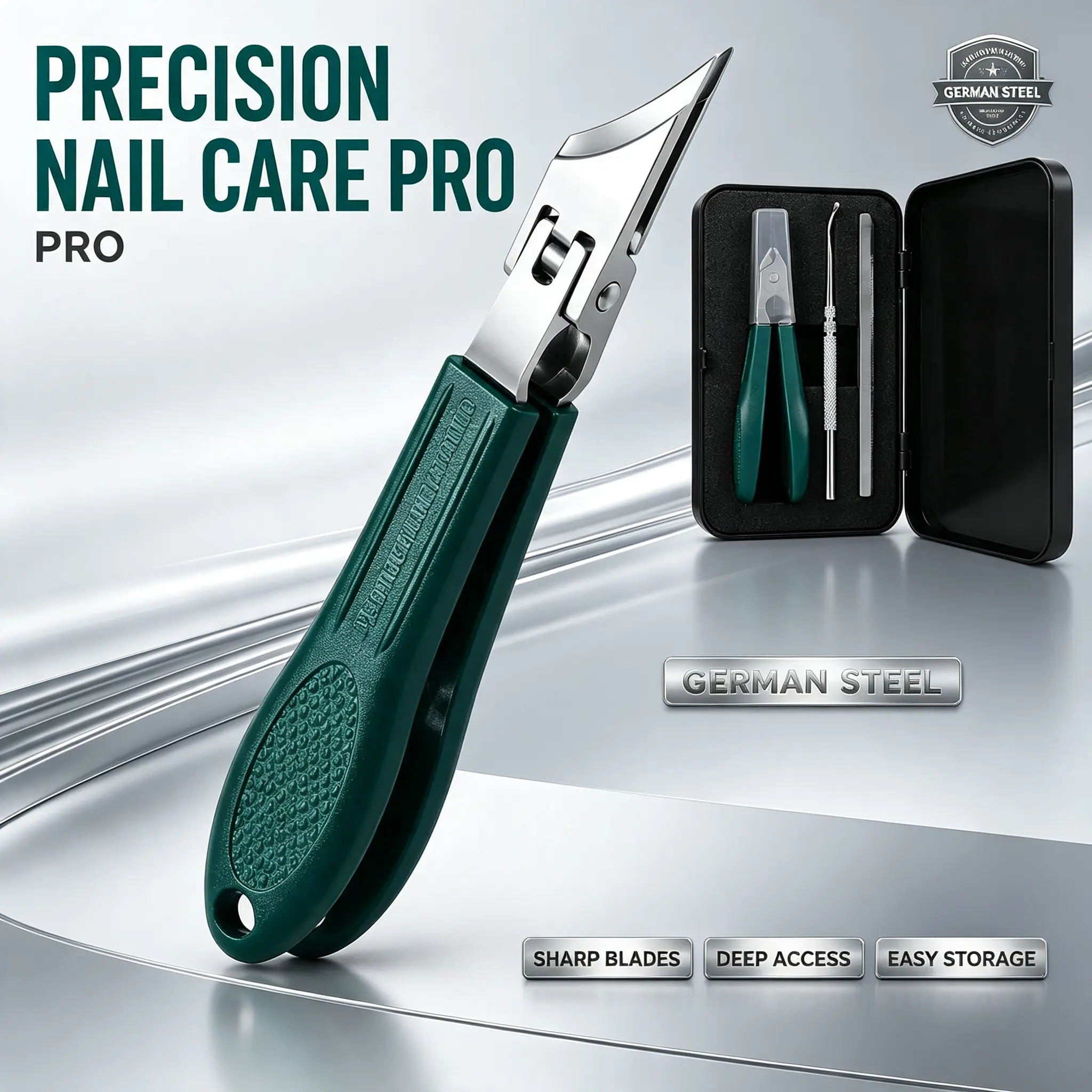Eagle Beak Beveled Nail Clippers,3-Piece Sets of Eagle Beak Beveled Nails Clippers, Long Handle Wide Jaw Opening Anti-Splash Slanted Nail Clipper for Thick Nails, Seniors&Ingrown Care Green Stainless Gift Manicure