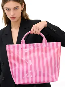 Striped Waterproof Magnetic Buckle Shoulder Bag, Large Capacity Travel Commute Tote, Durable Fashion Cosmetic Storage Bag