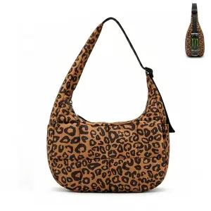 Quilted Down Bags Women's Leopard Print Quilted Crescent Bag - Lightweight Nylon Hobo Crossbody Purse with Multi-Pockets & Adjustable Strap