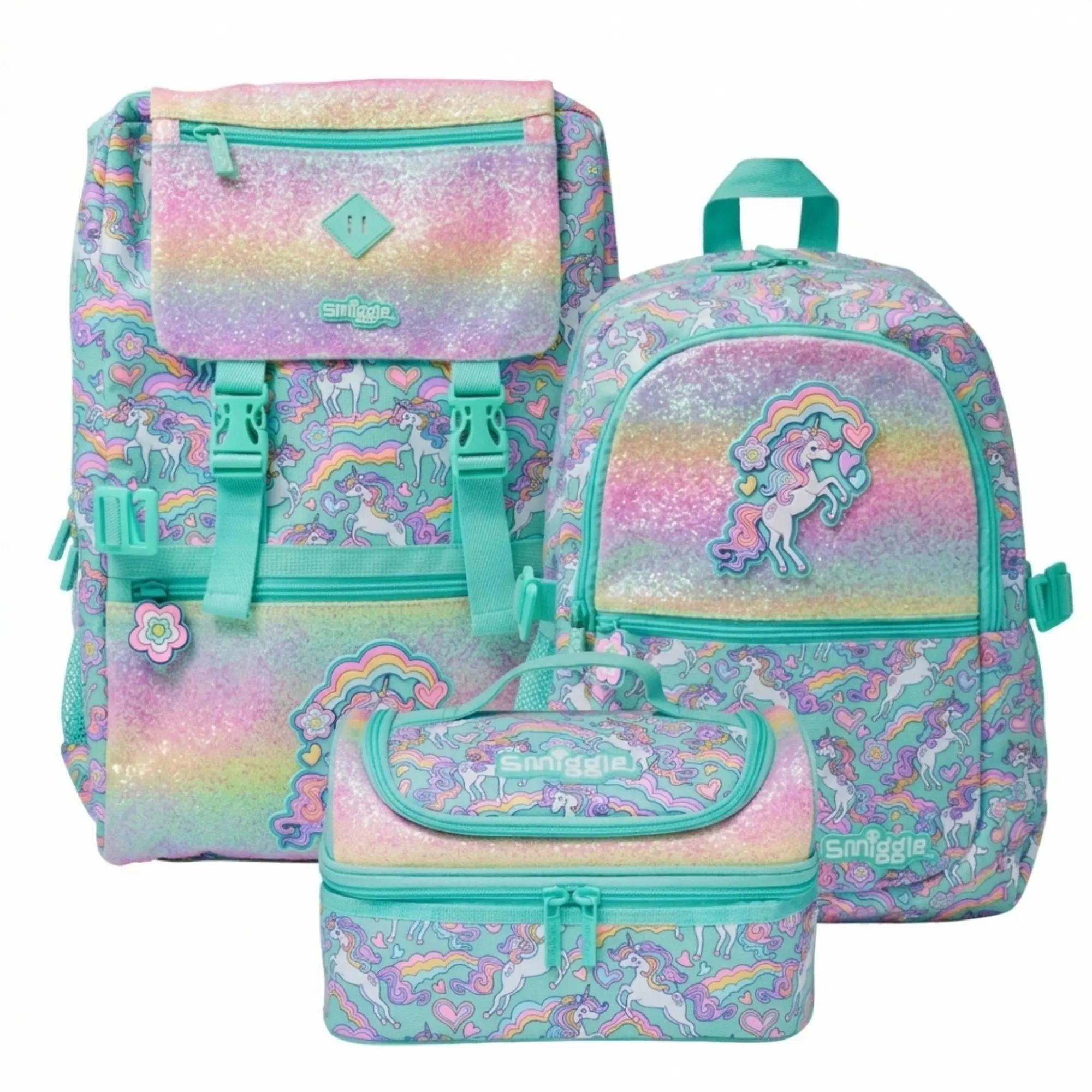 Smiggle Mint Green Rainbow Unicorn Backpack and Lunch Bag Set - Cute Glitter School Bag 2 Pcs Bundle for Girls
