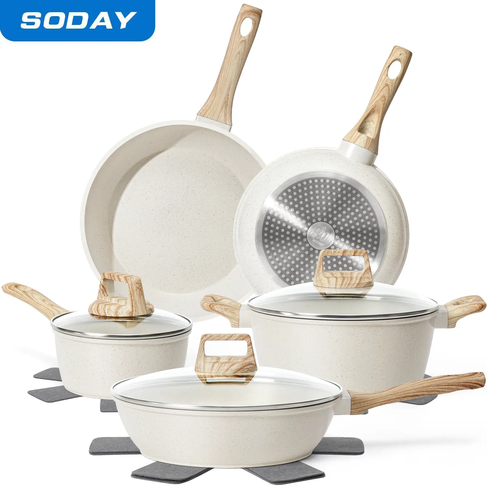 SODAY 12PCS Pots and Pans Set Non Stick Kitchen Cookware Sets Granite Cooking Set with Frying Pans, Saucepans, Steamer Nonstick Pots with Glass Lid Kitchenware Induction Aluminium, Cookware Sets, Kitchenware, stock up on specials, DealsForYouDays
