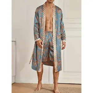 Men’s sleep robe — elegant light-luxury pajama set with a stylish gorgeous floral print; V-neck long-sleeve sleep robe and shorts; sleepwear robe set for home wear — perfect for lounging and relaxing — ideal gift for him.