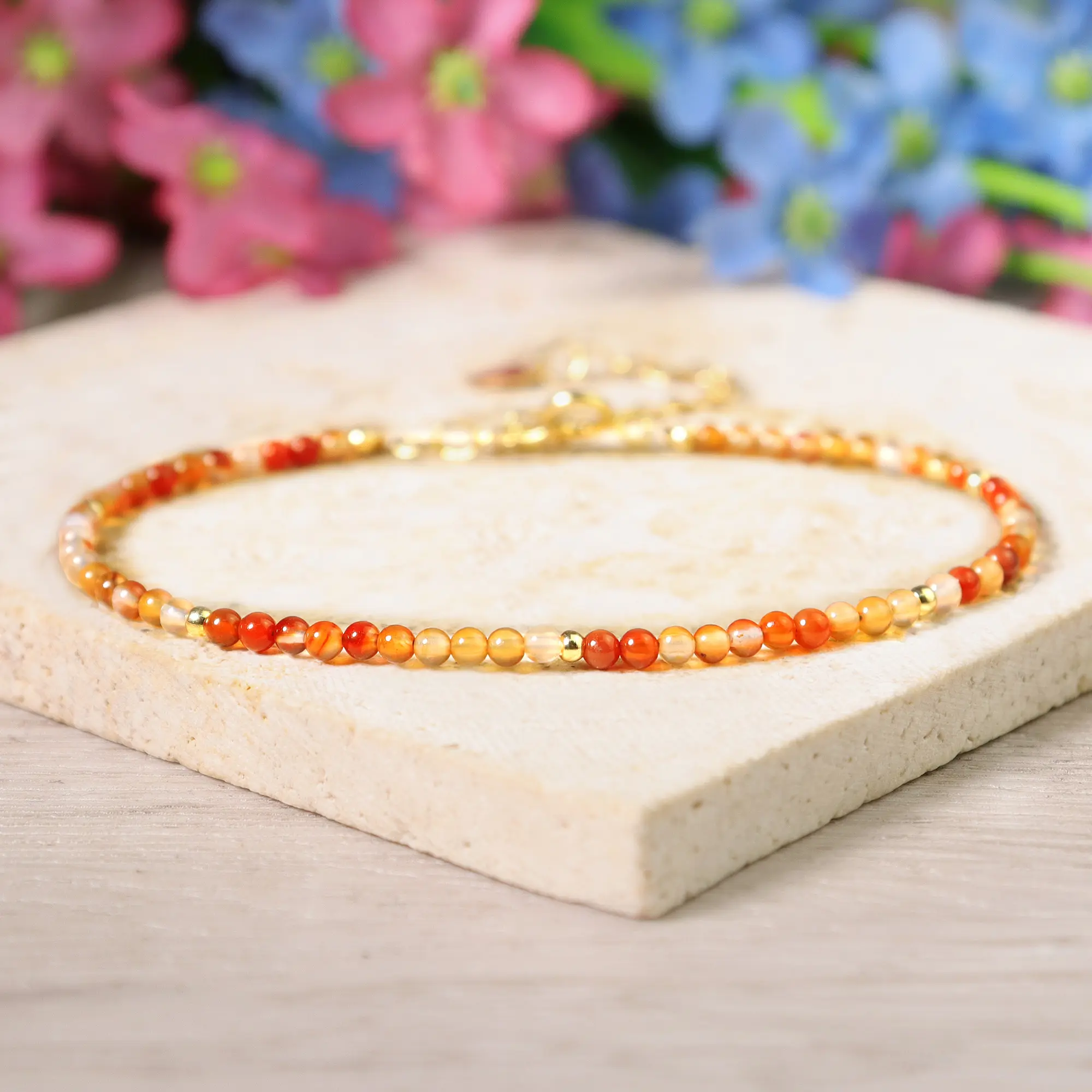 Women's High Quality Exquisite Beautiful Carnelian Bracelet - 2mm Natural Dainty Red Crystal Gemstone Healing Chakra Bracelet with Gold-Plated Minimalist Chain, Ideal Gift, High Quality Bracelet