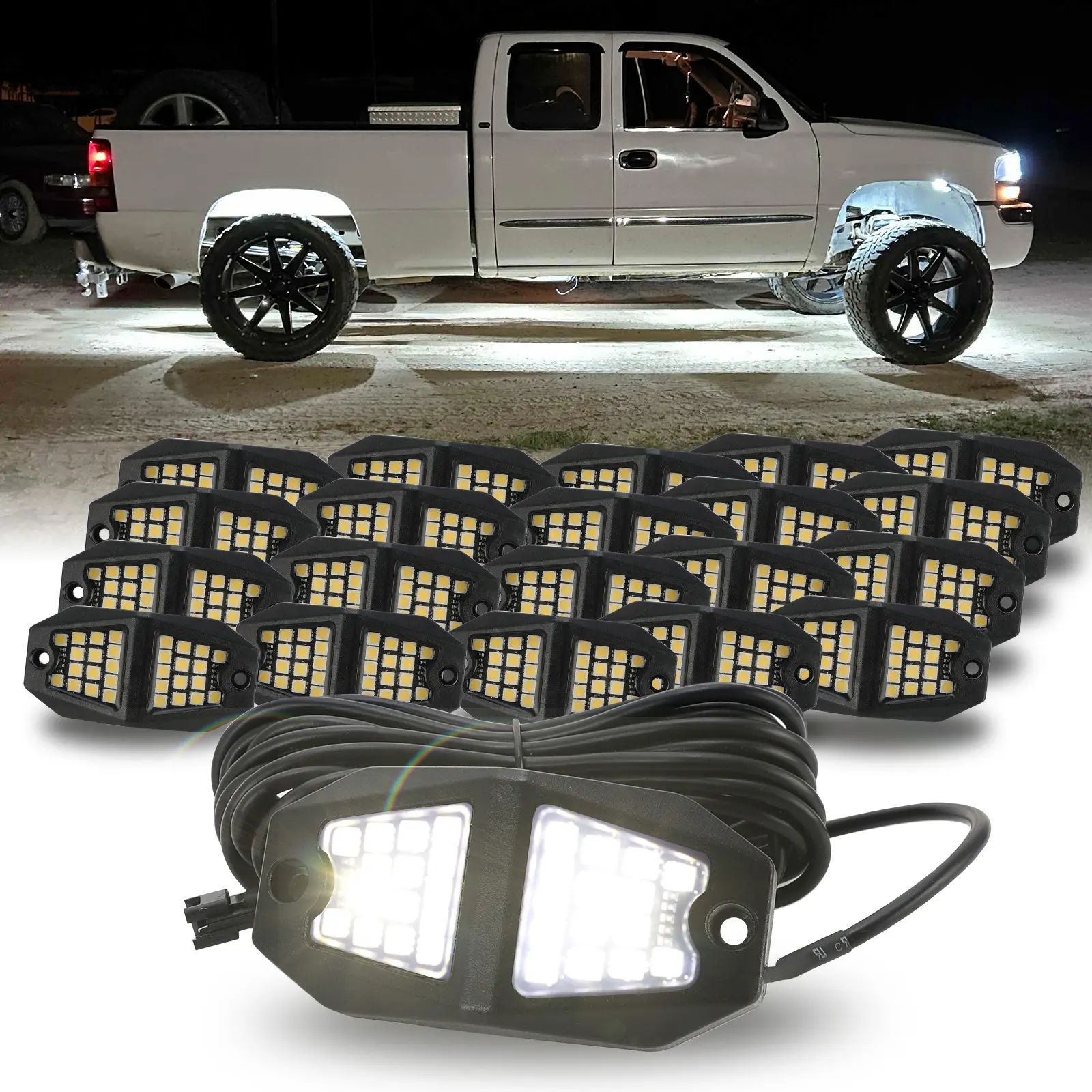 Winunite 30 High Power Chips Rock Lights,6500K Pure White,IP67 Waterproof,4M Extension Wires,Plug and Play,High Adhesive Stickers,For ATV UTV SUV Truck RZR Boat Trailer Cars Underglow Car Summer Survivals