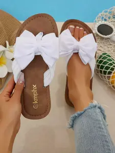 Women's Fashion Bow Guinevere Flat Sandals Slippers, Comfortable Casual Slip-On Shoes, Breathable Lightweight Design, Thick Cloud Cushion Sole, Natural Romantic Classic Vintage Style, Versatile All-Season Shoes for Dresses, Pants, Beach, Vacation