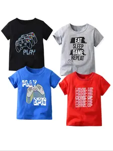 4pcs Boys Stylish Gamepad And Letter Print Boys Creative T-shirt, Casual Lightweight Comfy Short Sleeve Crew Neck Tee Tops, Kids Clothings For Summer, Graphic Tee