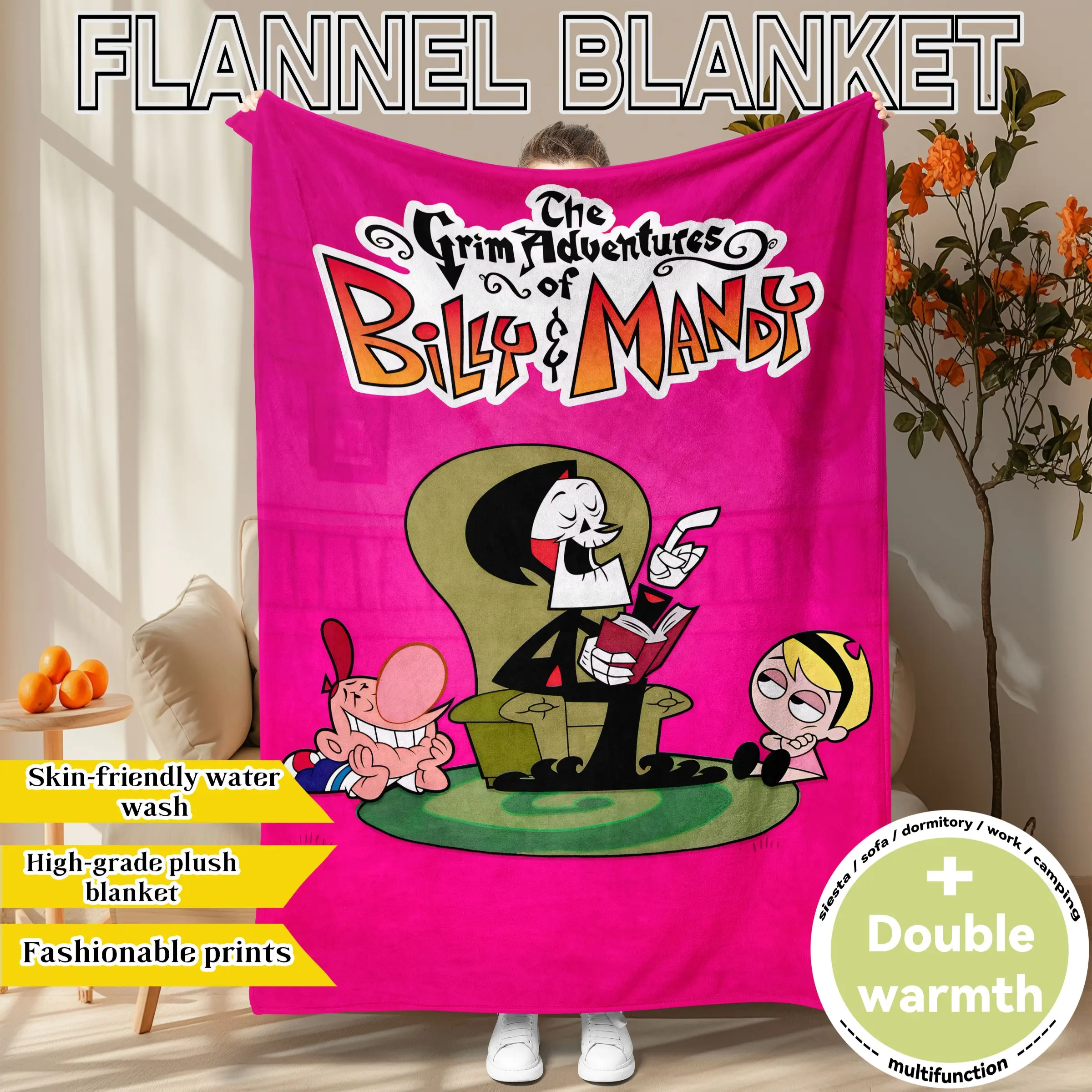 "Fantasy Hell" print. "Billy & Mandy's Grim Adventures" themed flannel throw blanket. Soft, plush, and oversized for warmth. Ideal for home, office, travel, or as a holiday gift. All-season use and machine washable. Flannel Blankets