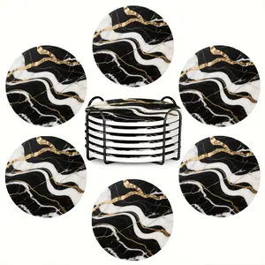 6-piece ceramic coaster set, featuring a black, gold, and white marble pattern. These heat-resistant, non-slip coasters are essential for home and dining table decoration, offering practical and elegant beverage mats, and are a perfect housewarming gift.