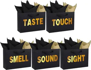 5 Senses  Bags for Him Her Five Senses  Bags with Ribbon Handles and Tissue Paper Present Wrappings for Valentine Wedding Anniversary Birthday Graduation(Black, 12.6''x8.8''x4'')