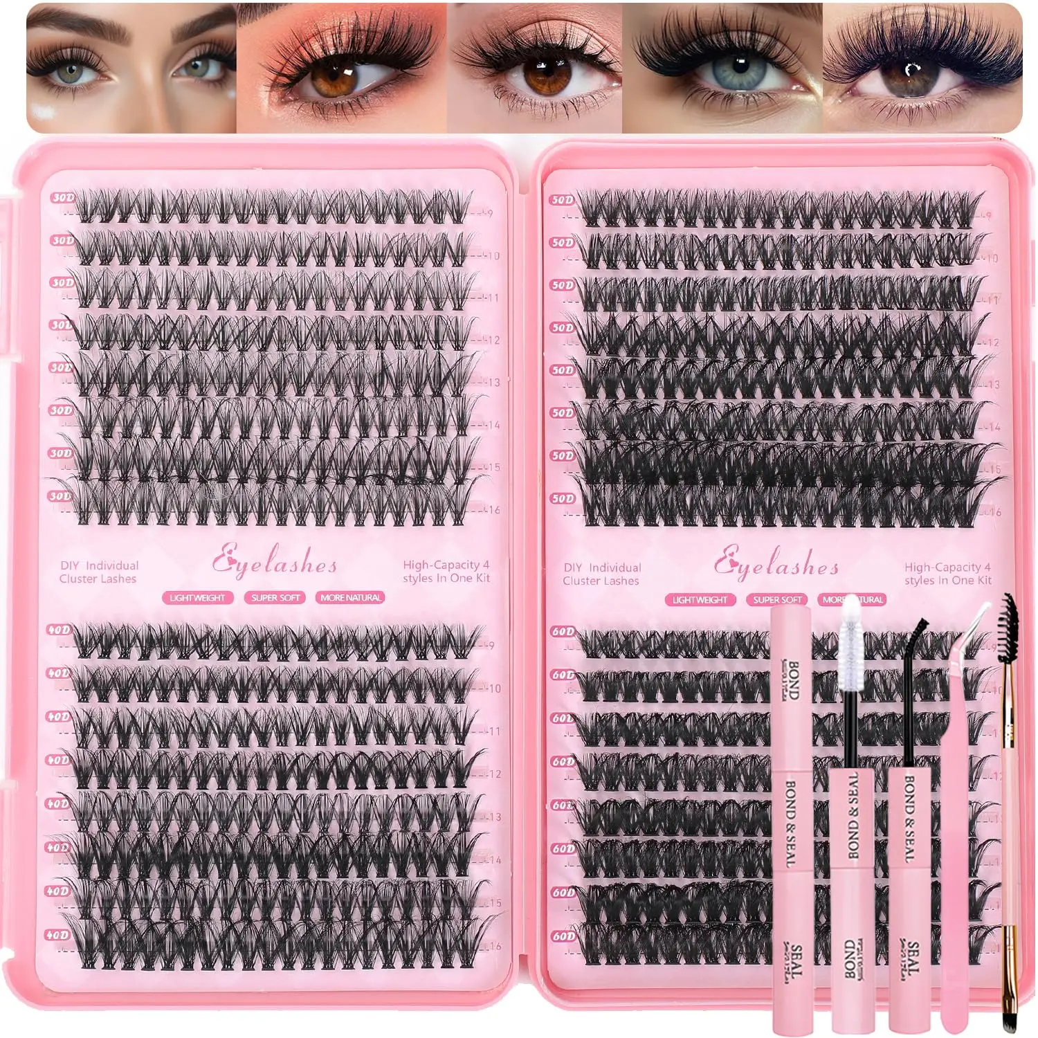 Lash Clusters Kit, 640 Pcs Eyelashes Clusters Extensions Kit 9-16mm Individual Lashes D Curl Fluffy Wispy False Eyelashes Thin Band with Bond Seal Tweezers Brush DIY (30D+40D+50D+60D Kit 9-16mm)