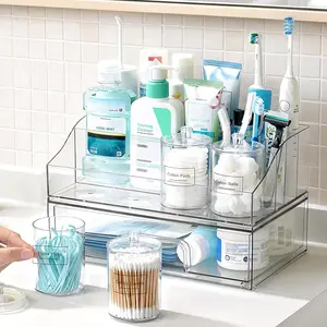 【New Arrival】Vtopmart 6 PCS Bathroom Countertop Organizer, 1 Divided Tray with 4 Qtip Holder Jars and 1 Drawers, Restroom Clear Organizers for Toothbrush, Cotton Pads, Vanity Accessories Storage Set