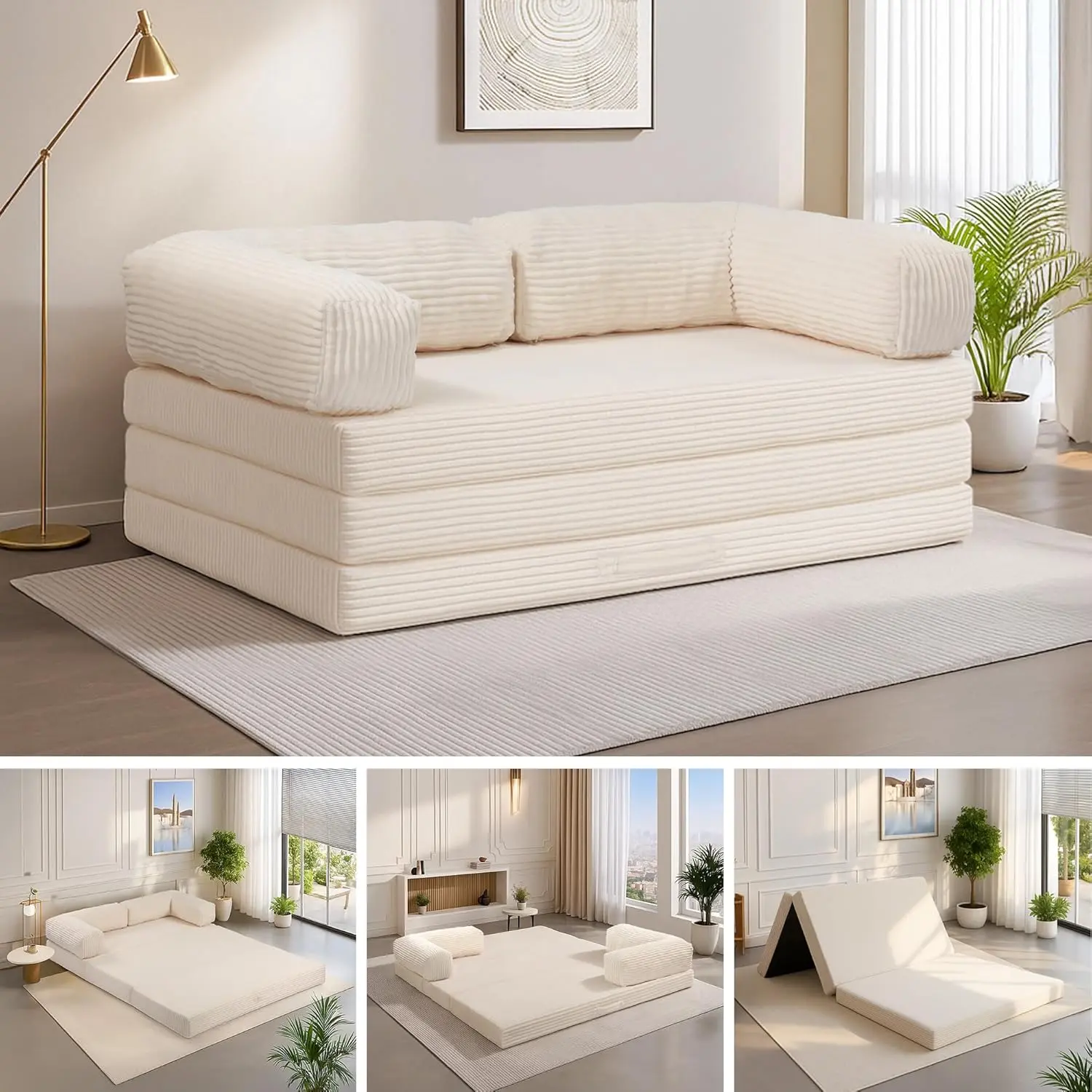 Winzoo 5-in-1 Corduroy Combination Sofa Bed - Trifold Boneless Floor Couch with Removable L-Shaped Armrests, Handle, Pull-Out Futon Sleeper for Living Room, Apartment Furniture