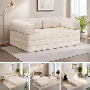 Winzoo 5-in-1 Combination Sofa Bed, Corduroy Boneless Tri-Folding Floor Mattress with Removable L-Shaped Armrests & Handle, Pull-Out Futon Couch Sleeper Furniture for Living Room, Bedroom