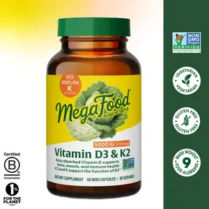 MegaFood Vitamin D3 5000 IU 125mcg + Vitamin K2 - High Potency, Easily Absorbed - Bone, Muscle, Immune Health Support - 60 Servings - Daily Supplement Antioxidant