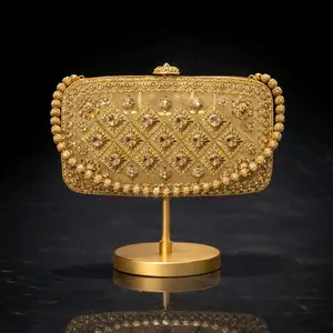 Antique Gold Metal Clutch with Beaded Strap - Elegant Design for Special Occasions