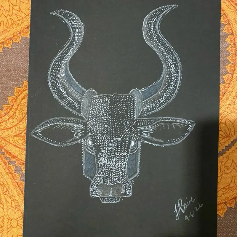 Ox Head Black Pen Stipple 9 x 12 Artwork with Detailed Stippling Technique