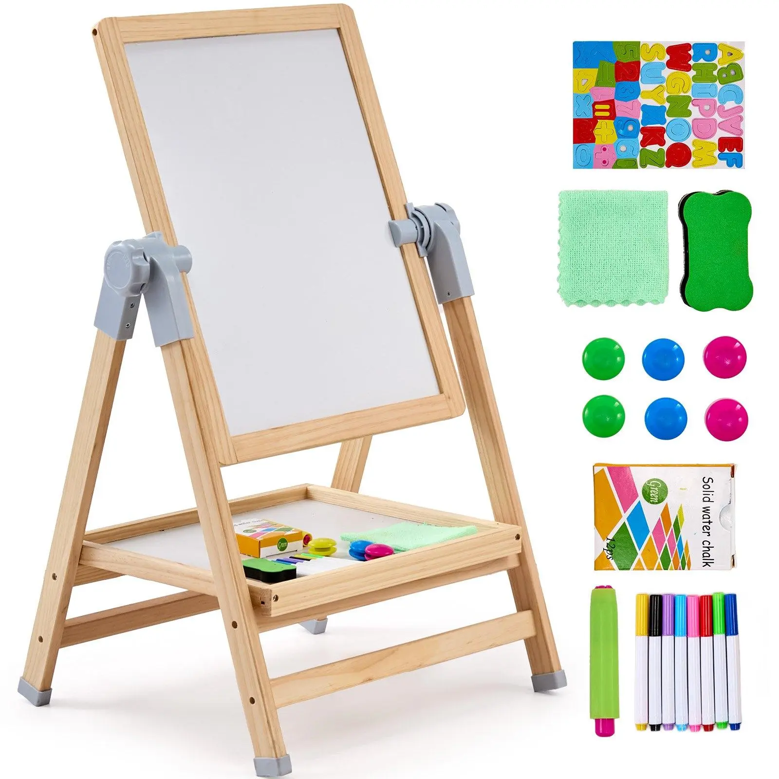 VEVOR 2-in-1 Kids Art Easel Double-Sided Wooden Magnetic Whiteboard Chalkboard,Christmas gift#BackToSchool