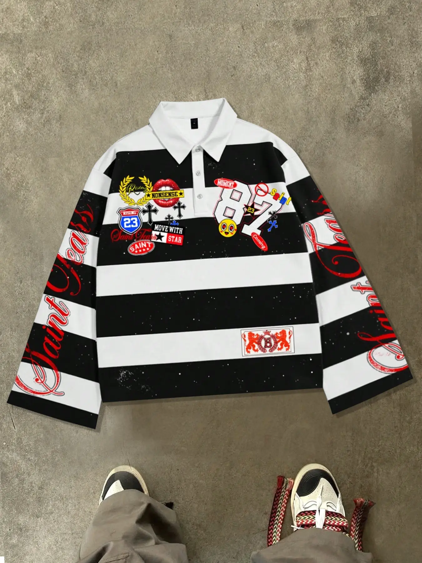 Black and white striped Oversize polo shirt long sleeved T-shirt, Streetwear Polo Shirt, European and American street fashion casual shirt spring and autumn style long sleeved