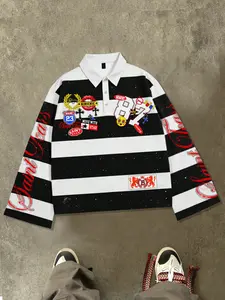 Black and white striped polo shirt long sleeved T-shirt for men, striped style T-shirt for both men and women, European and American street fashion casual shirt 87 digital spring and autumn style long sleeved trumpet sleeve